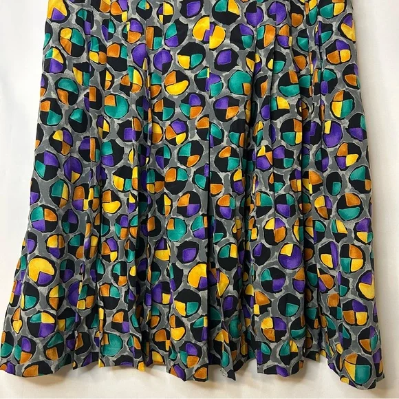 Vintage Adolfo Saks Fifth Avenue Pleated Silk Skirt Grey Gold Teal Dots Small - Picture 3 of 10
